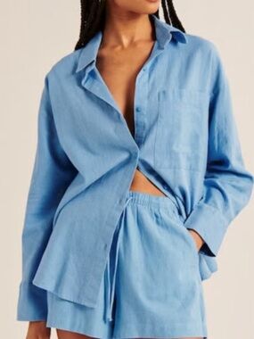 Abercrombie & Fitch Linen Sky Blue Casual Button-Down Shirt